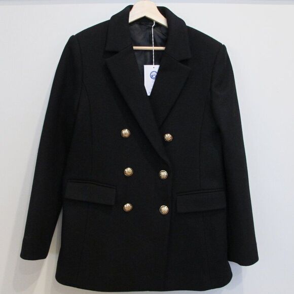 NWT & OTHER STORIES pea coat wool double breast black short gold button 6 miltry - Picture 1 of 9